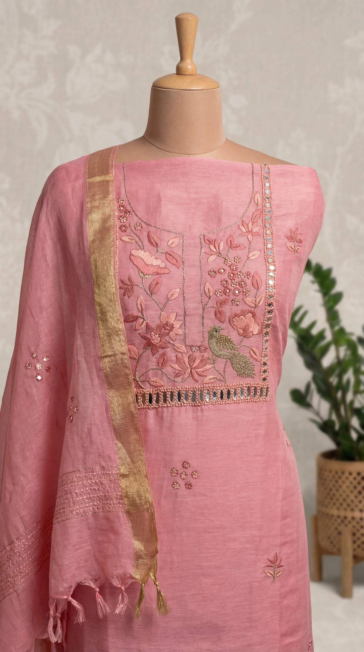 Blush Pink Resham Embroidery Linen  Unstitched Suit Set