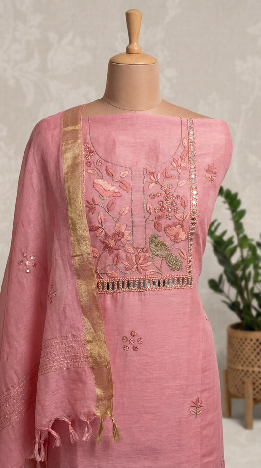 Blush Pink Resham Embroidery Linen  Unstitched Suit Set