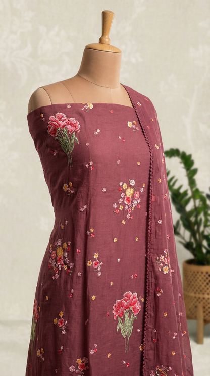 Mauve Purple Resham Embroidery Mul Mul Unstitched Suit Set