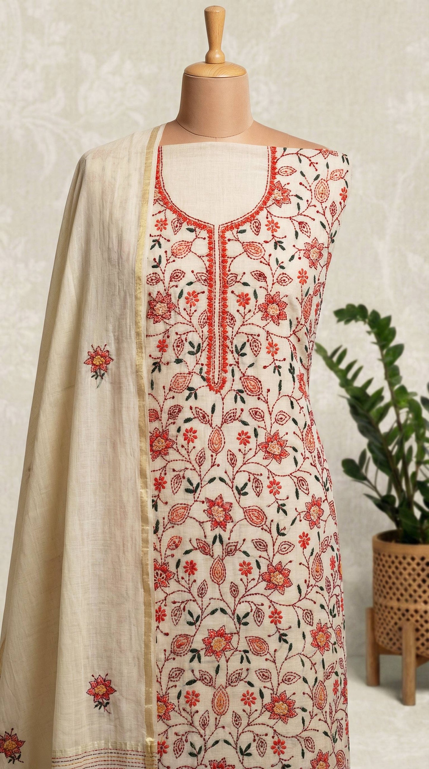 Resham Embroidery Beige & Orangish Red chanderi Unstitched Suit Set