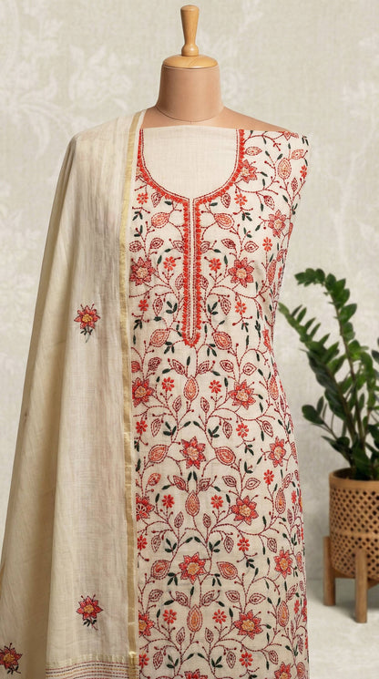 Resham Embroidery Beige & Orangish Red chanderi Unstitched Suit Set