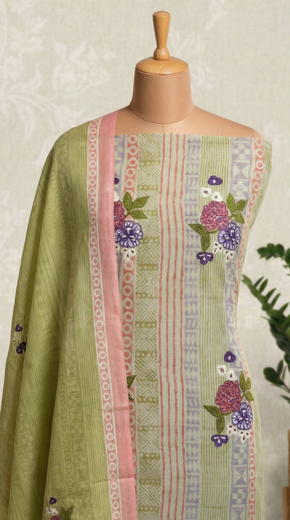 Resham Embroidery Olive Green Jute Cotton Unstitched Suit Set
