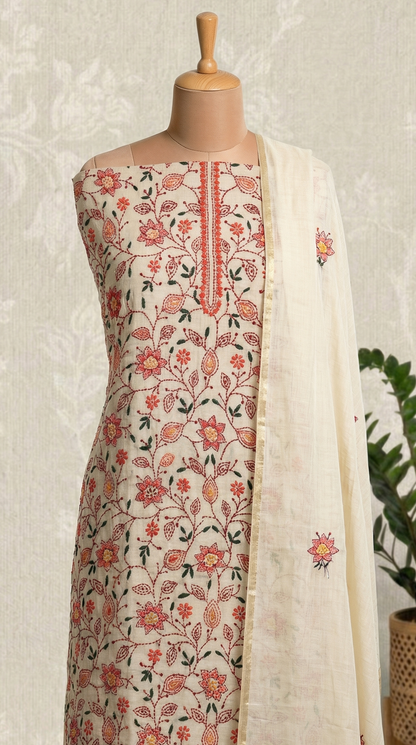 Resham Embroidery Beige & Orangish Red chanderi Unstitched Suit Set