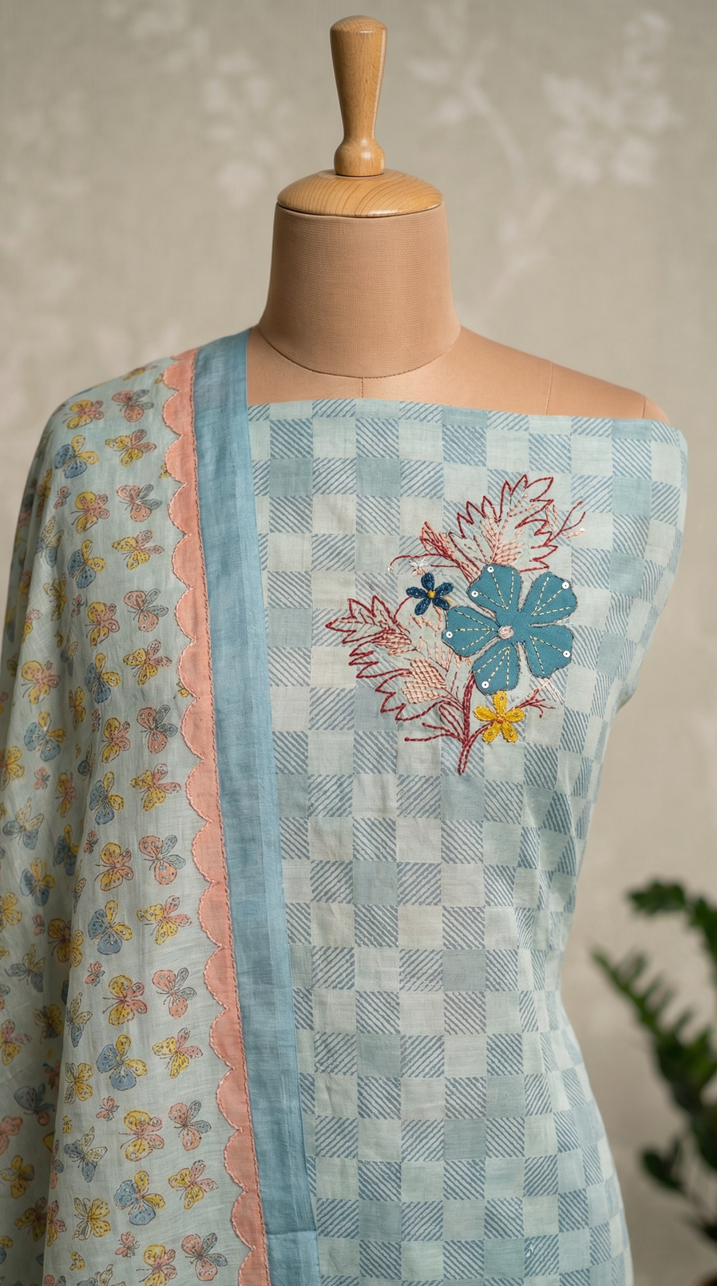 Resham Embroidery Powder Blue Jute Cotton Unstitched Suit Set