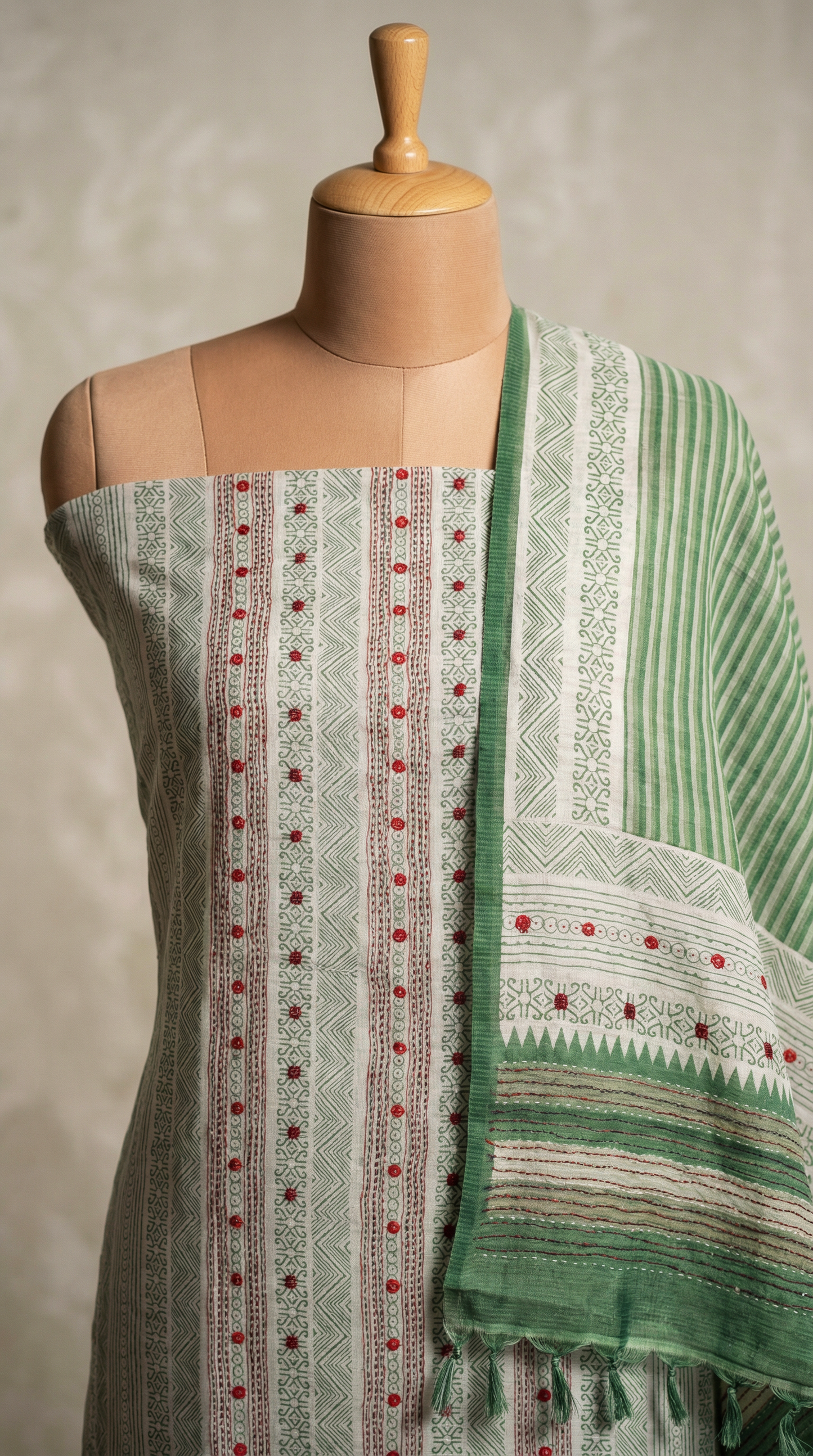 Resham Embroidery Green Jute Cotton Unstitched Suit Set