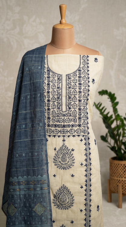 Resham Embroidery Blue Chanderi Unstitched Suit Set