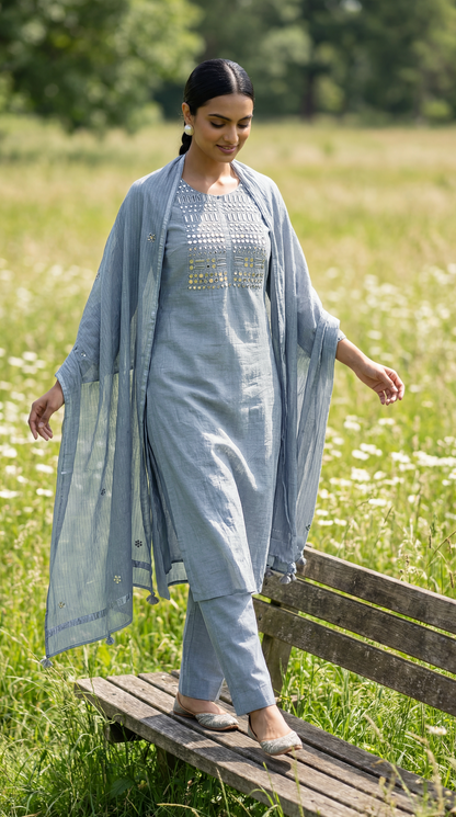 Powder Blue Mirror Embroidery Mul Mul Suit Set