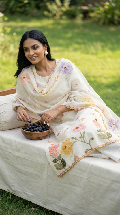 3D Applique Embroidery Ivory Mul Suit Set