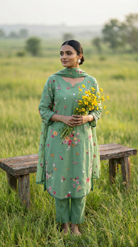Sage Green Resham Embroidery Mul Mul Suit Set