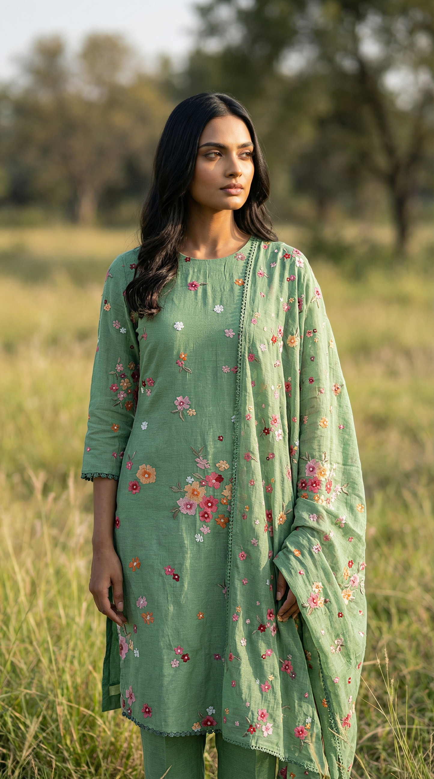 Sage Green Resham Embroidery Mul Mul Suit Set