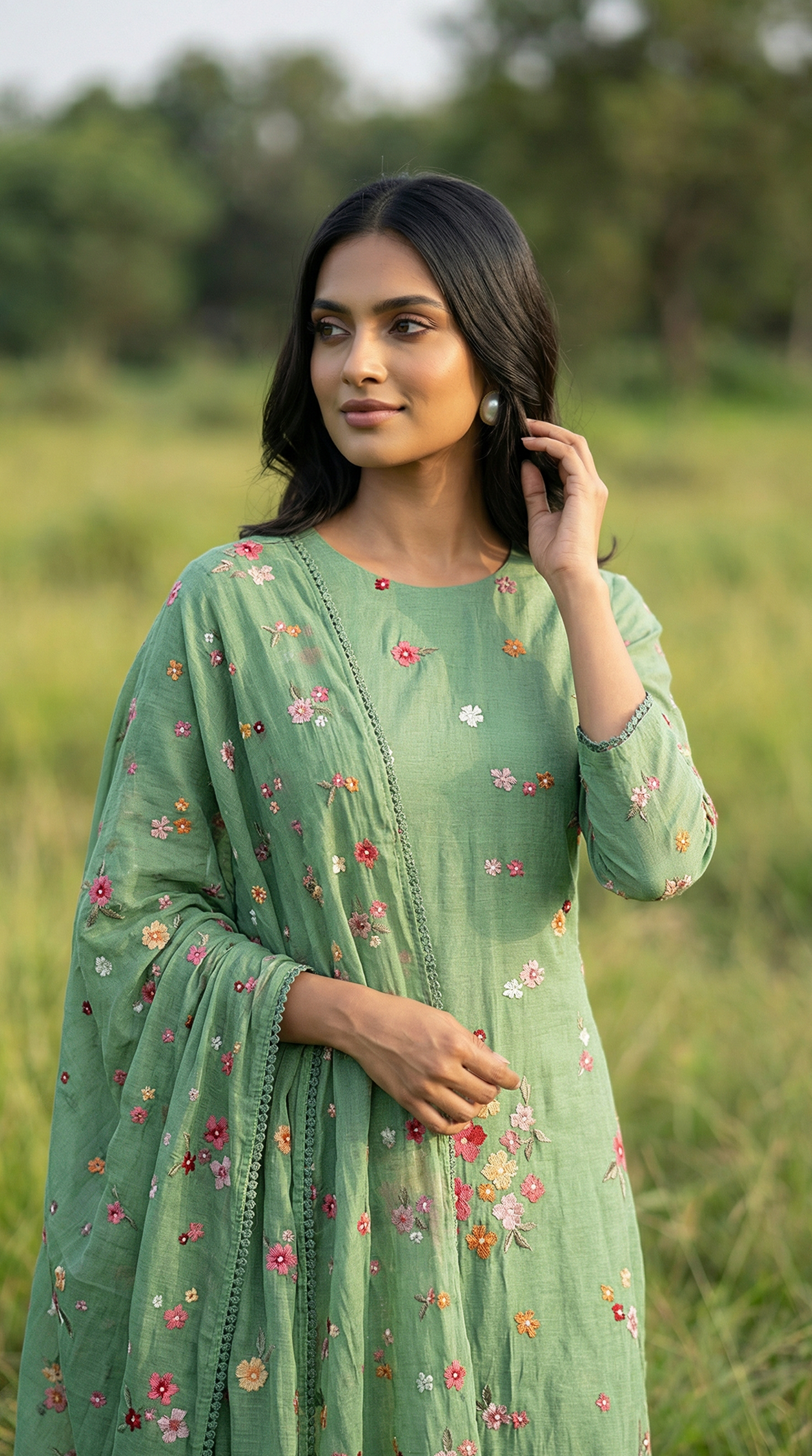 Sage Green Resham Embroidery Mul Mul Suit Set