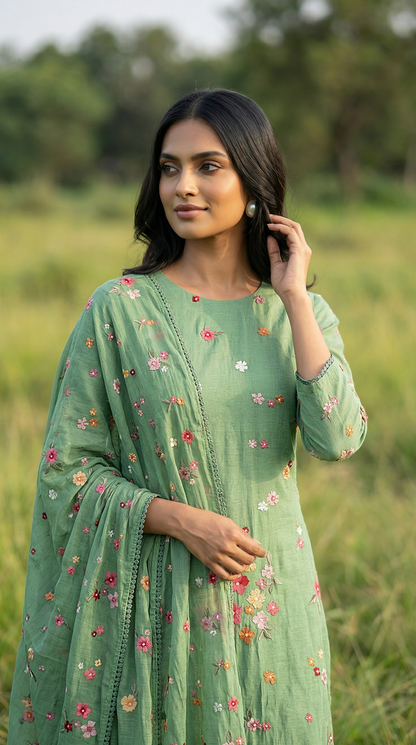 Sage Green Resham Embroidery Mul Mul Suit Set