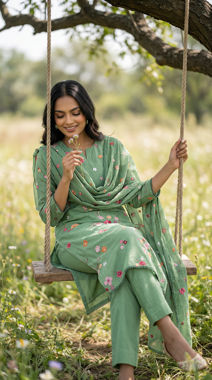 Sage Green Resham Embroidery Mul Mul Suit Set
