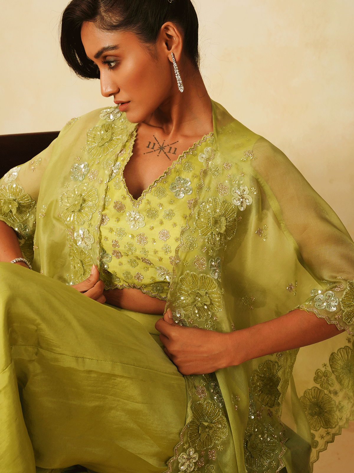 Leaf Green Cutdana & Appliqued Cape Set with Sequins Details