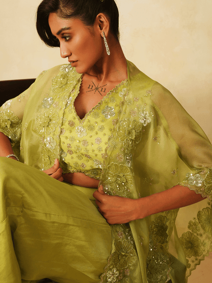 Leaf Green Cutdana & Appliqued Cape Set with Sequins Details