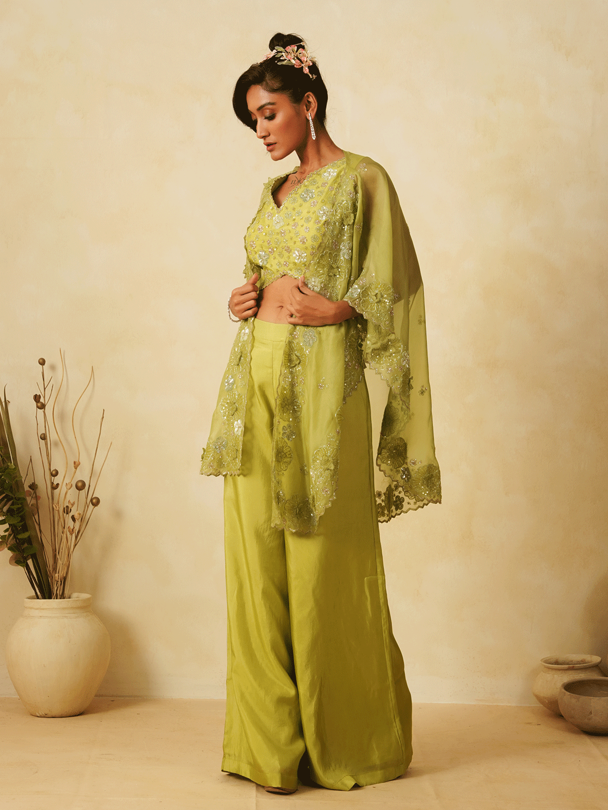 Leaf Green Cutdana & Appliqued Cape Set with Sequins Details