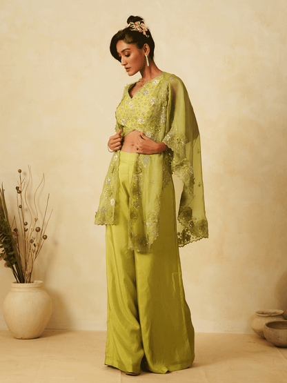 Leaf Green Cutdana & Appliqued Cape Set with Sequins Details