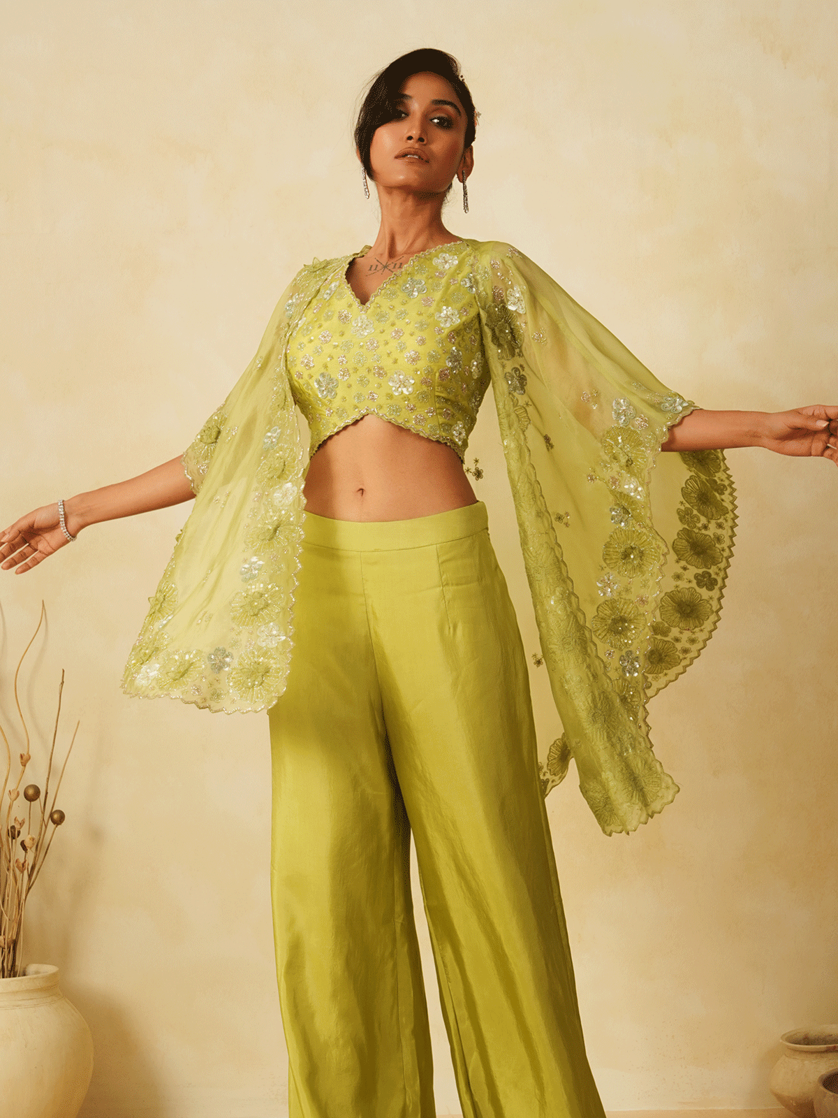 Leaf Green Cutdana & Appliqued Cape Set with Sequins Details