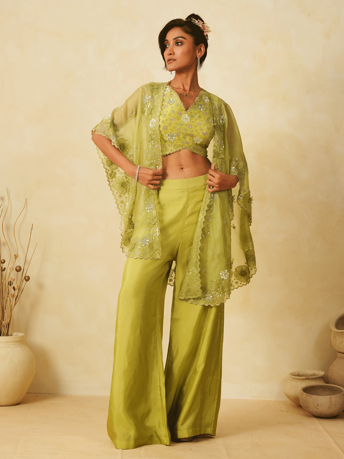 Leaf Green Cutdana & Appliqued Cape Set with Sequins Details