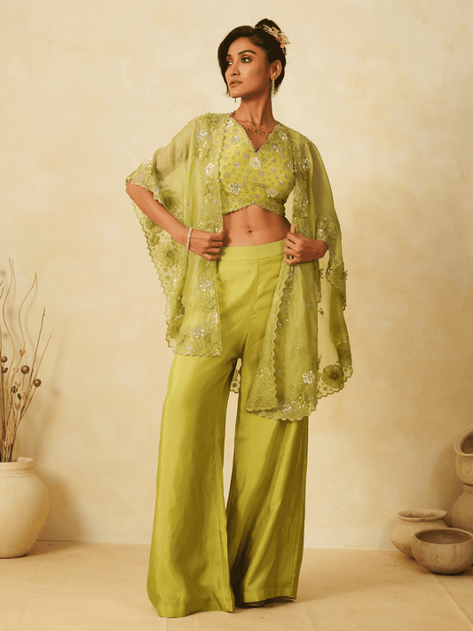 Leaf Green Cutdana & Appliqued Cape Set with Sequins Details