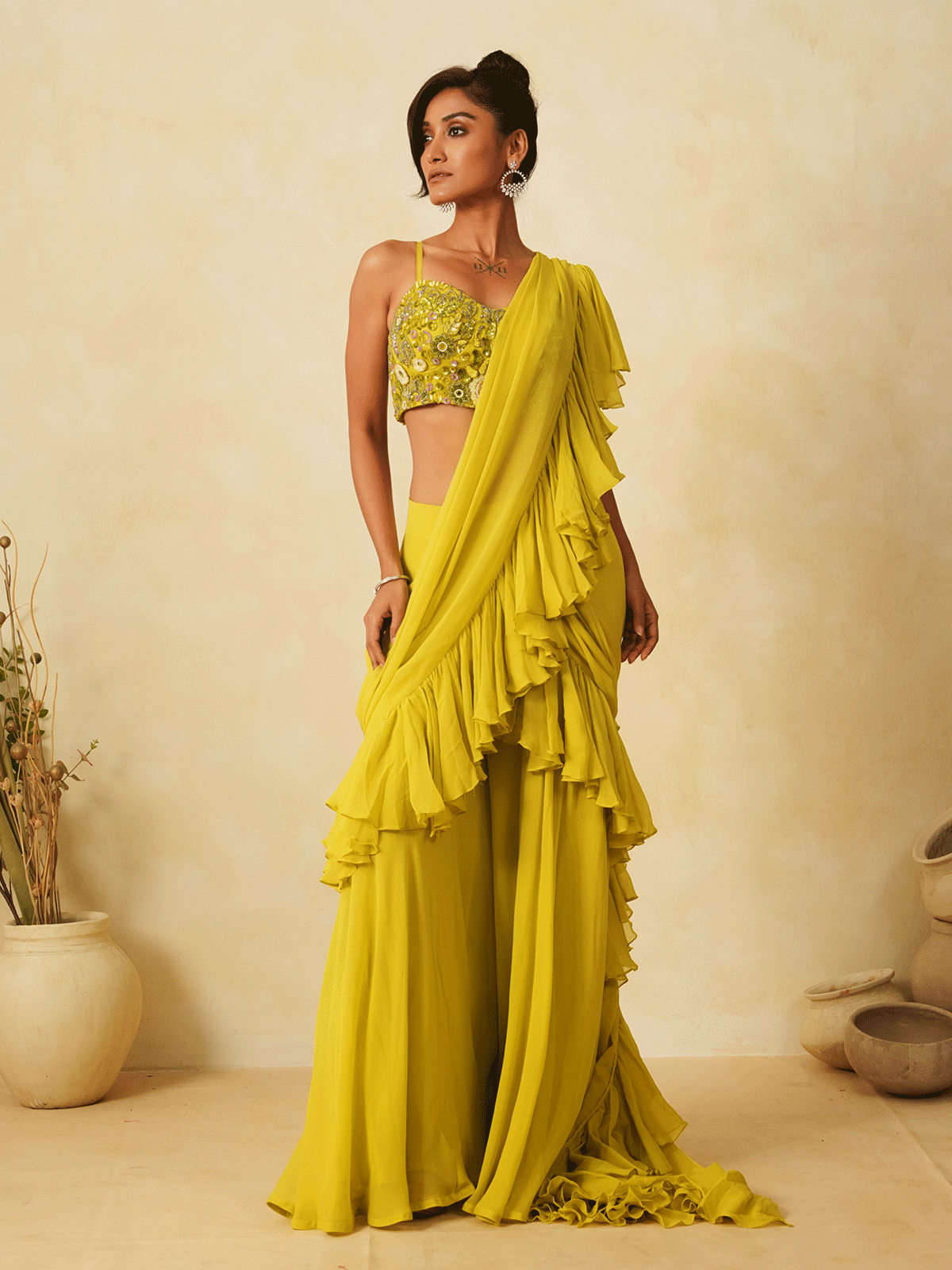Graceful Lemon Yellow Pre-Drape Saree with Cutdana & Sequins Work