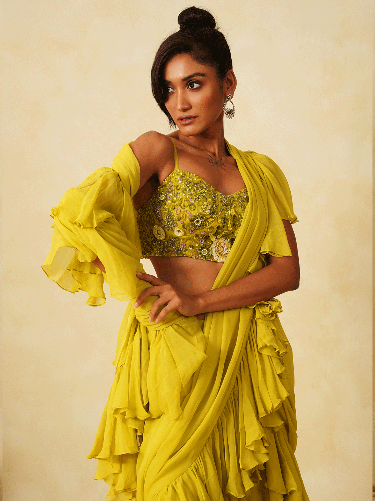 Graceful Lemon Yellow Pre-Drape Saree with Cutdana & Sequins Work