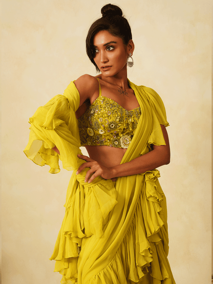 Graceful Lemon Yellow Pre-Drape Saree with Cutdana & Sequins Work