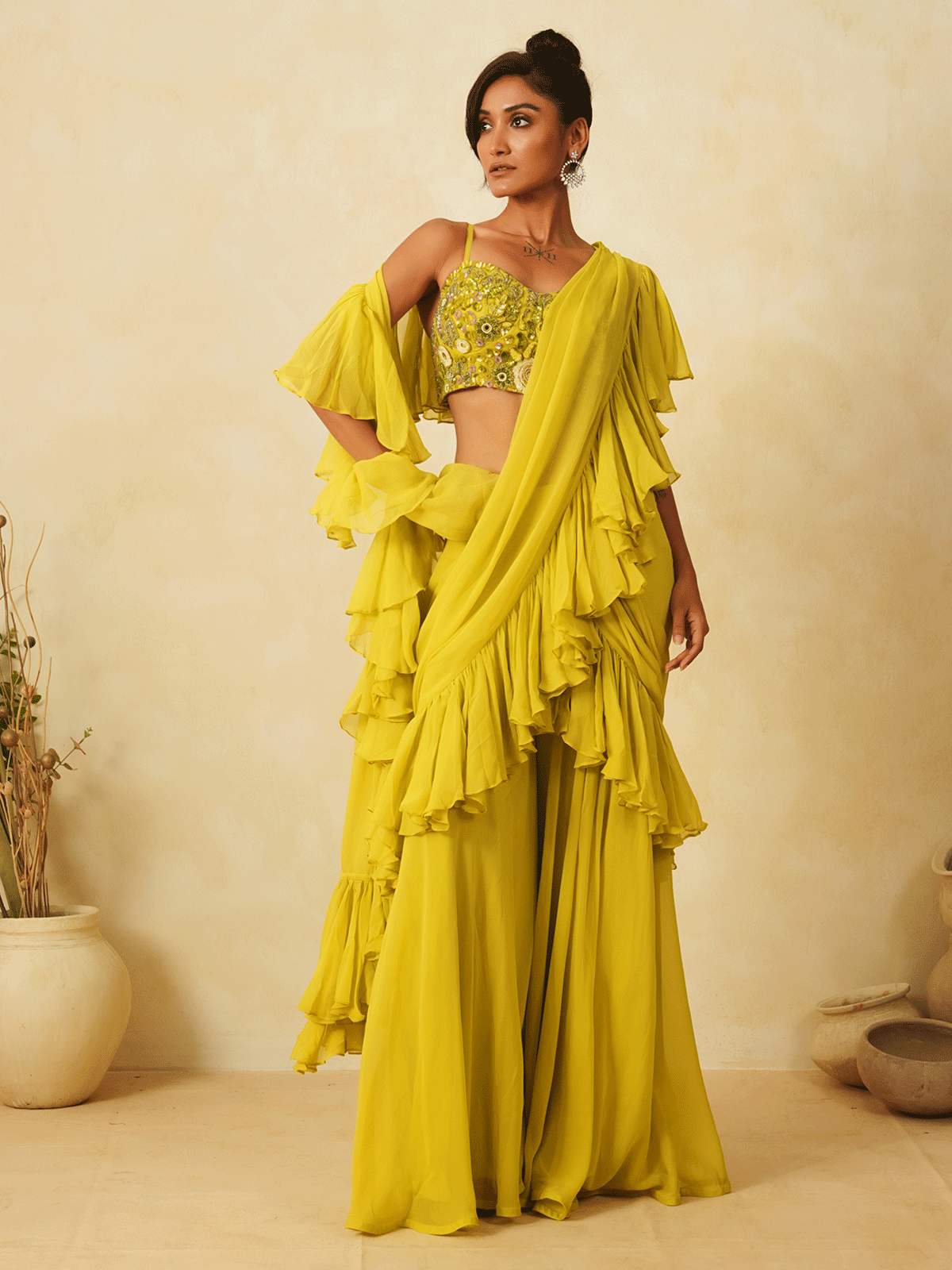 Graceful Lemon Yellow Pre-Drape Saree with Cutdana & Sequins Work
