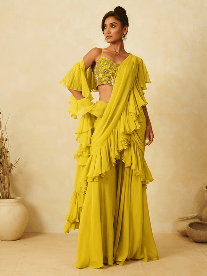 Graceful Lemon Yellow Pre-Drape Saree with Cutdana & Sequins Work