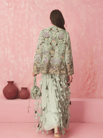 Pista Green Embroidered Silk Jacket Skirt Set with Sequins Details
