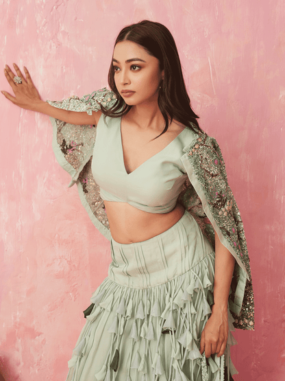 Pista Green Embroidered Silk Jacket Skirt Set with Sequins Details