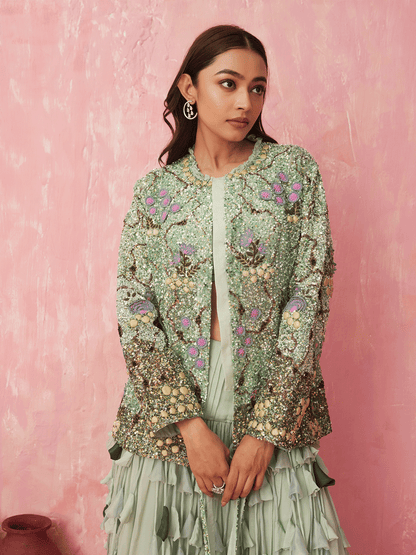Pista Green Embroidered Silk Jacket Skirt Set with Sequins Details
