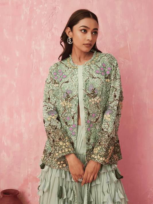 Green silk co-ord set with embroidered jacket