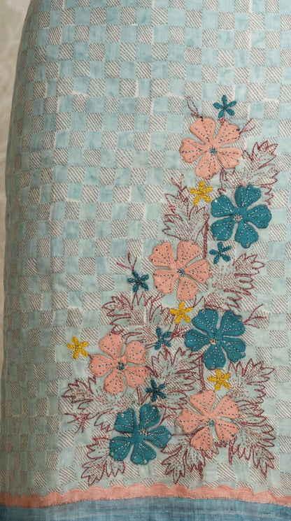 Resham Embroidery Powder Blue Jute Cotton Unstitched Suit Set