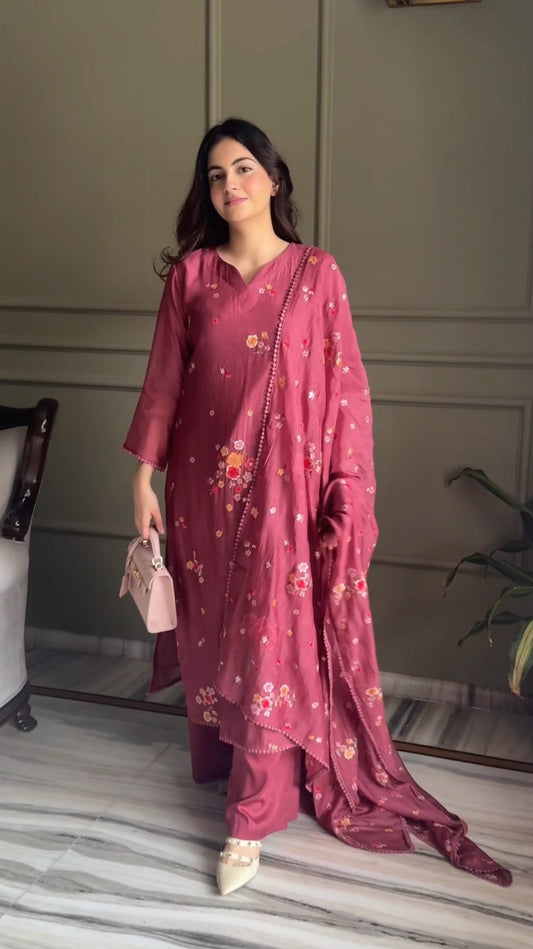 Mauve Purple Resham Embroidery Mul Mul Suit Set