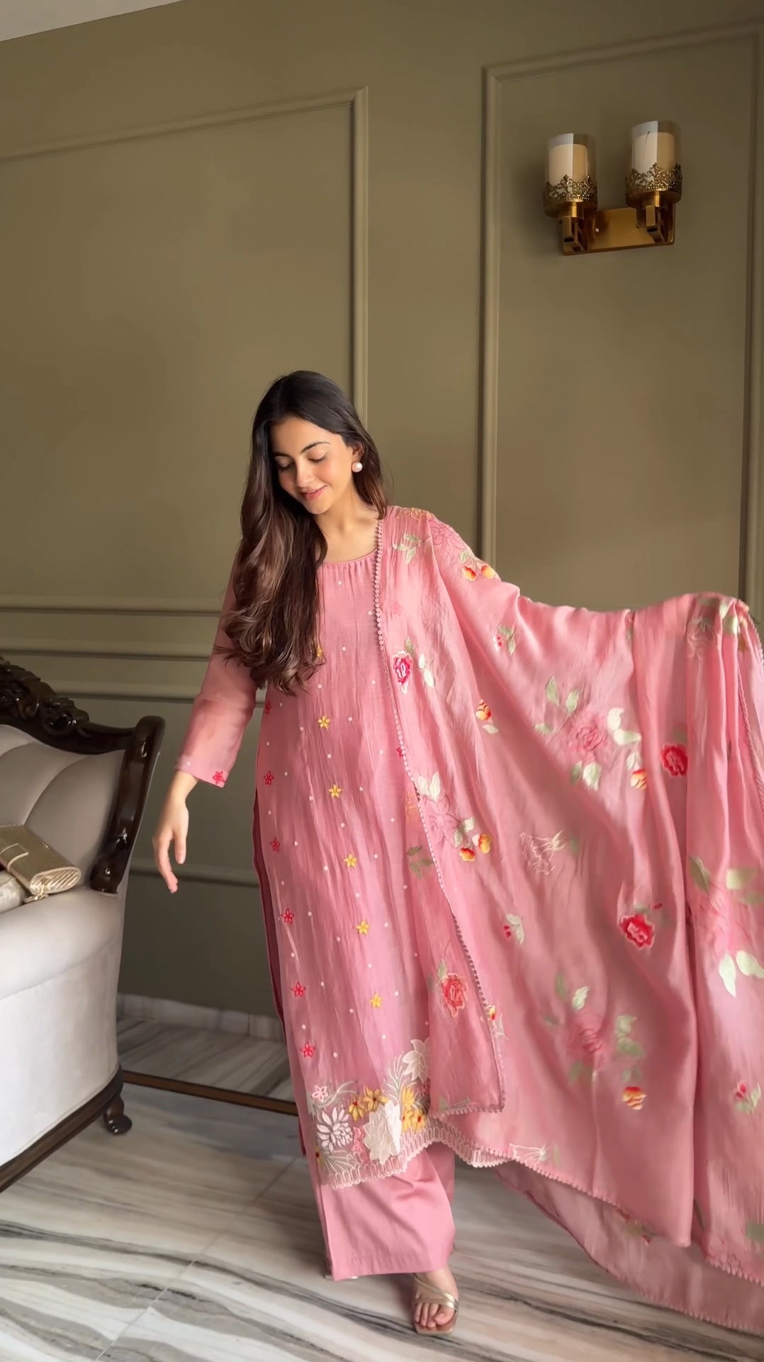 Peach Pink Resham Embroidery Mul Mul Suit Set