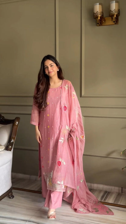 Peach Pink Resham Embroidery Mul Mul Suit Set