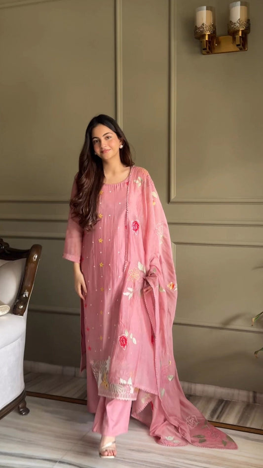 Peach Pink Resham Embroidery Mul Mul Suit Set