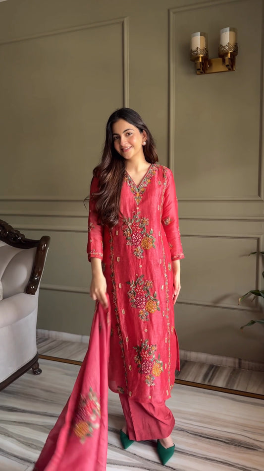 Dusty Rose Resham Embroidery Linen Suit Set