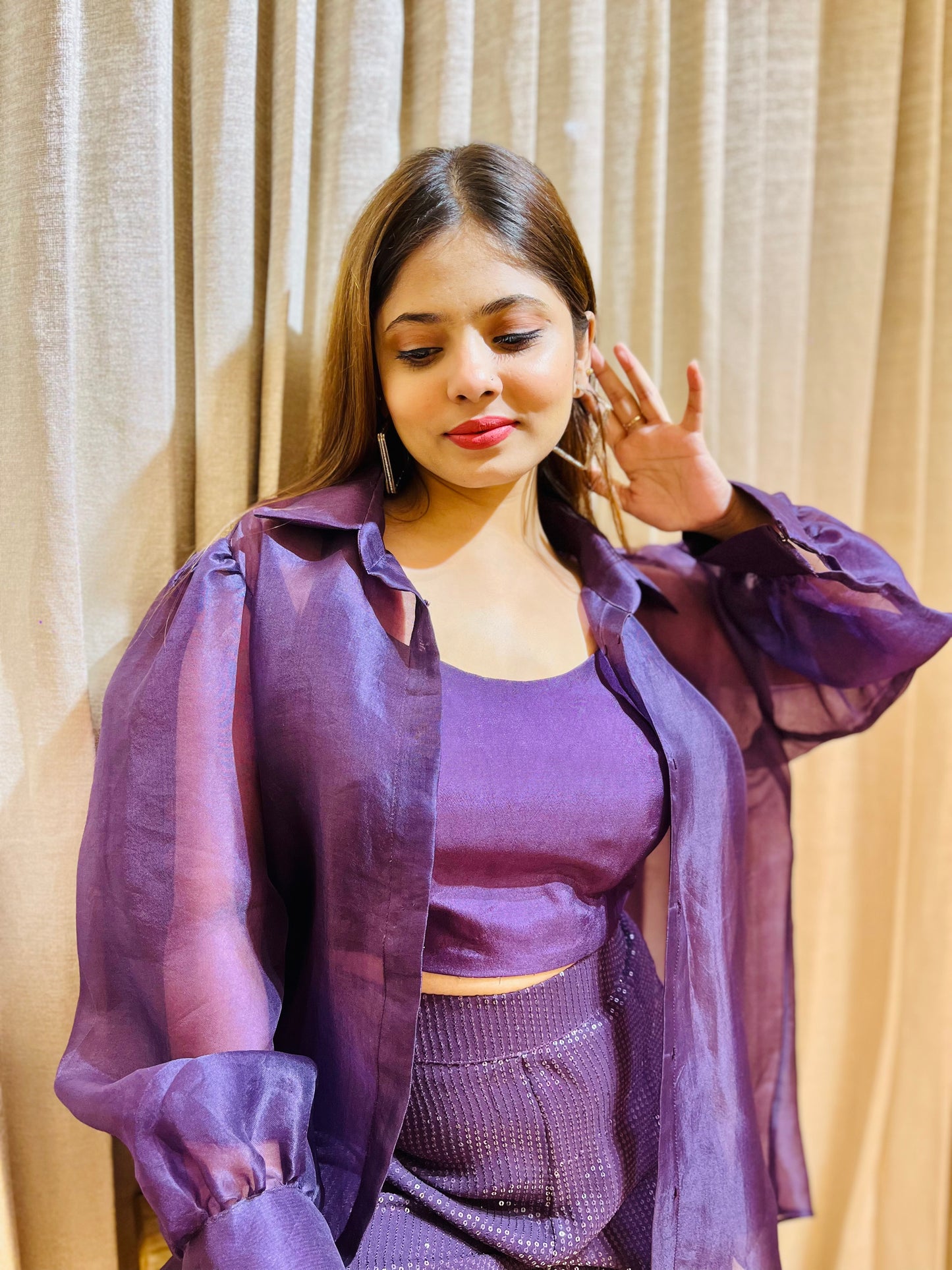 PURPLE SEQUIN PANT TRIO GLAMOUR ENSEMBLE