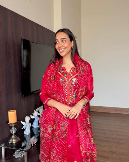 STITCHED RED ORGANZA SUIT SET