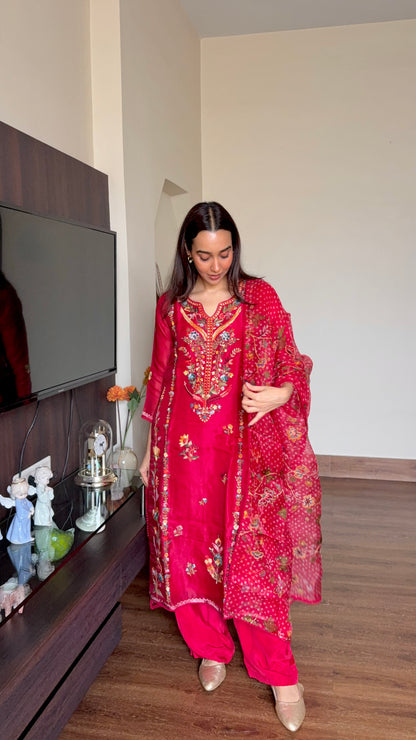 STITCHED RED ORGANZA SUIT SET