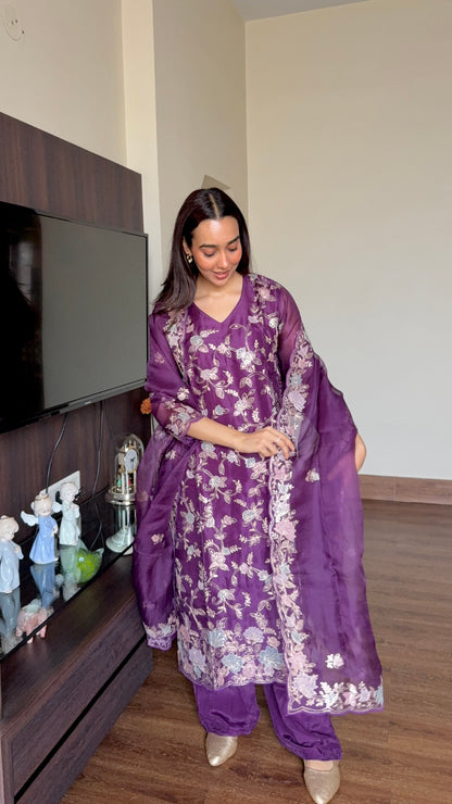 STITCHED INDIGO ORGANZA SUIT SET