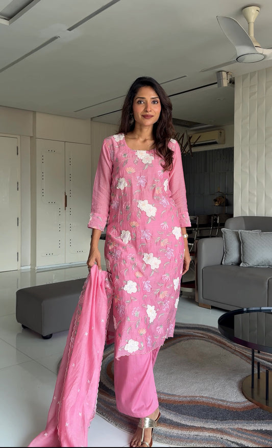 Pink Coloured 3D Resham Embroidery Mulmul Stitched Kurta Set