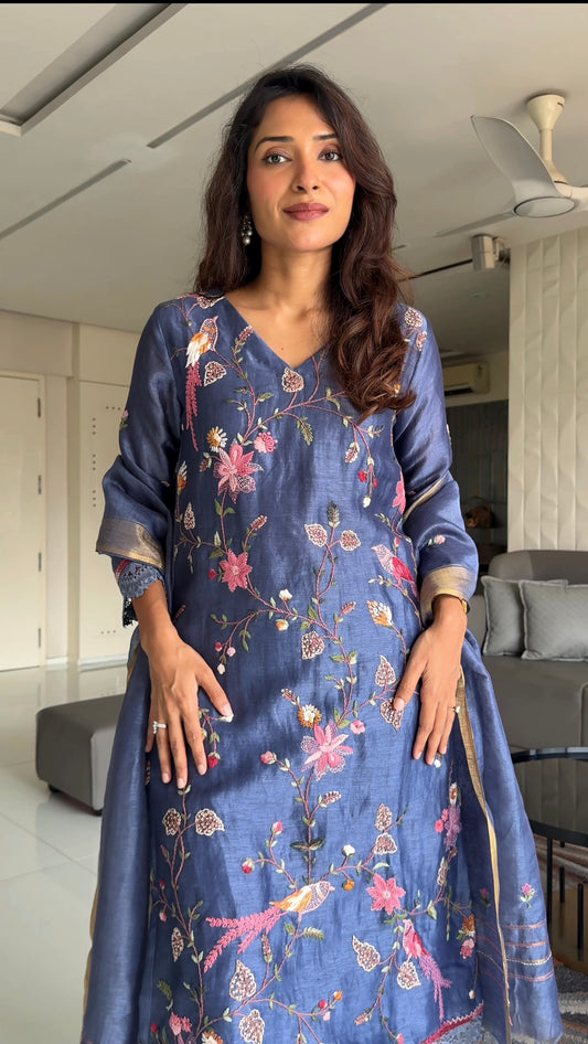 Slate Blue Coloured 3D Resham Embroidery Mulmul Stitched Kurta Set