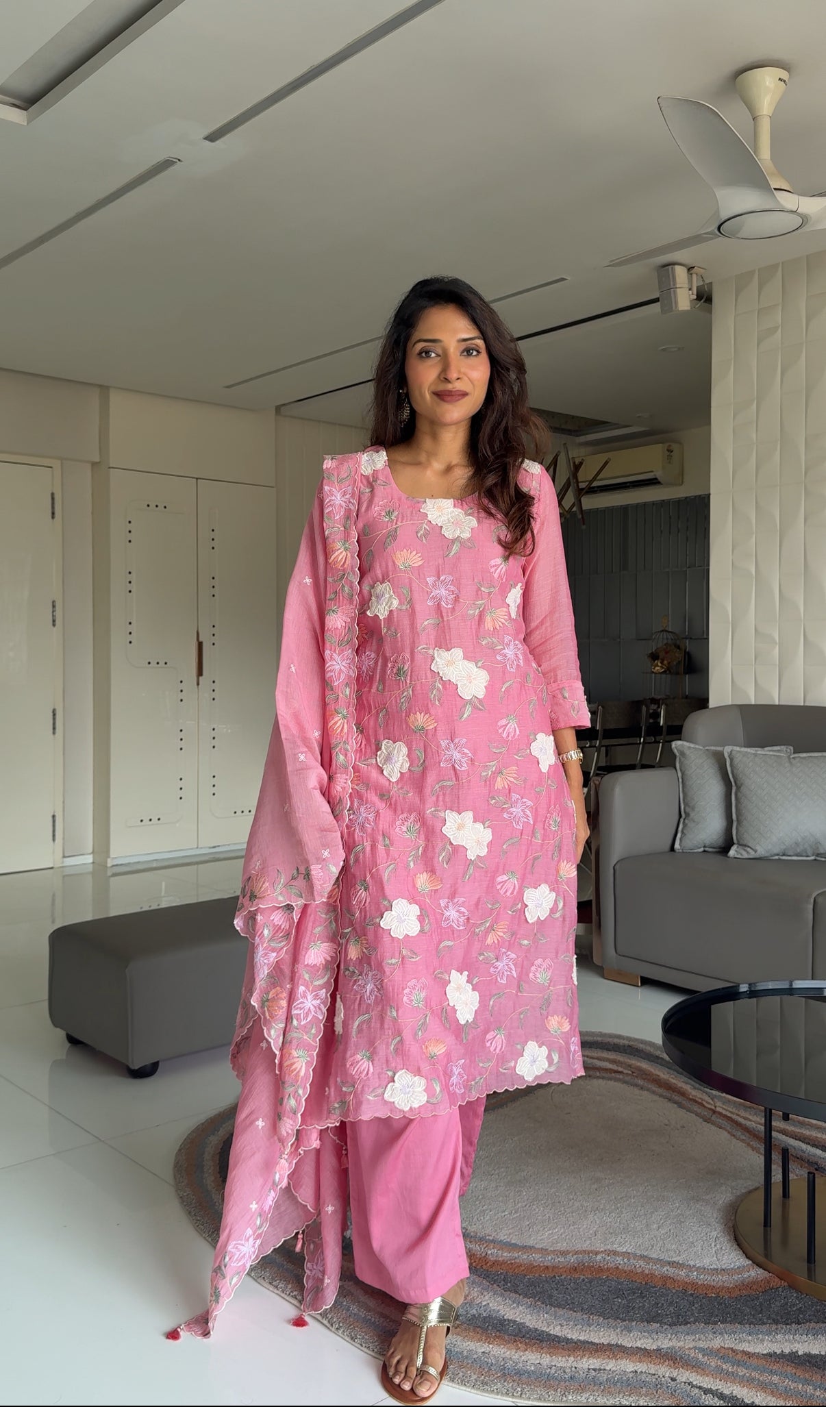 Pink Coloured 3D Resham Embroidery Mulmul Stitched Kurta Set