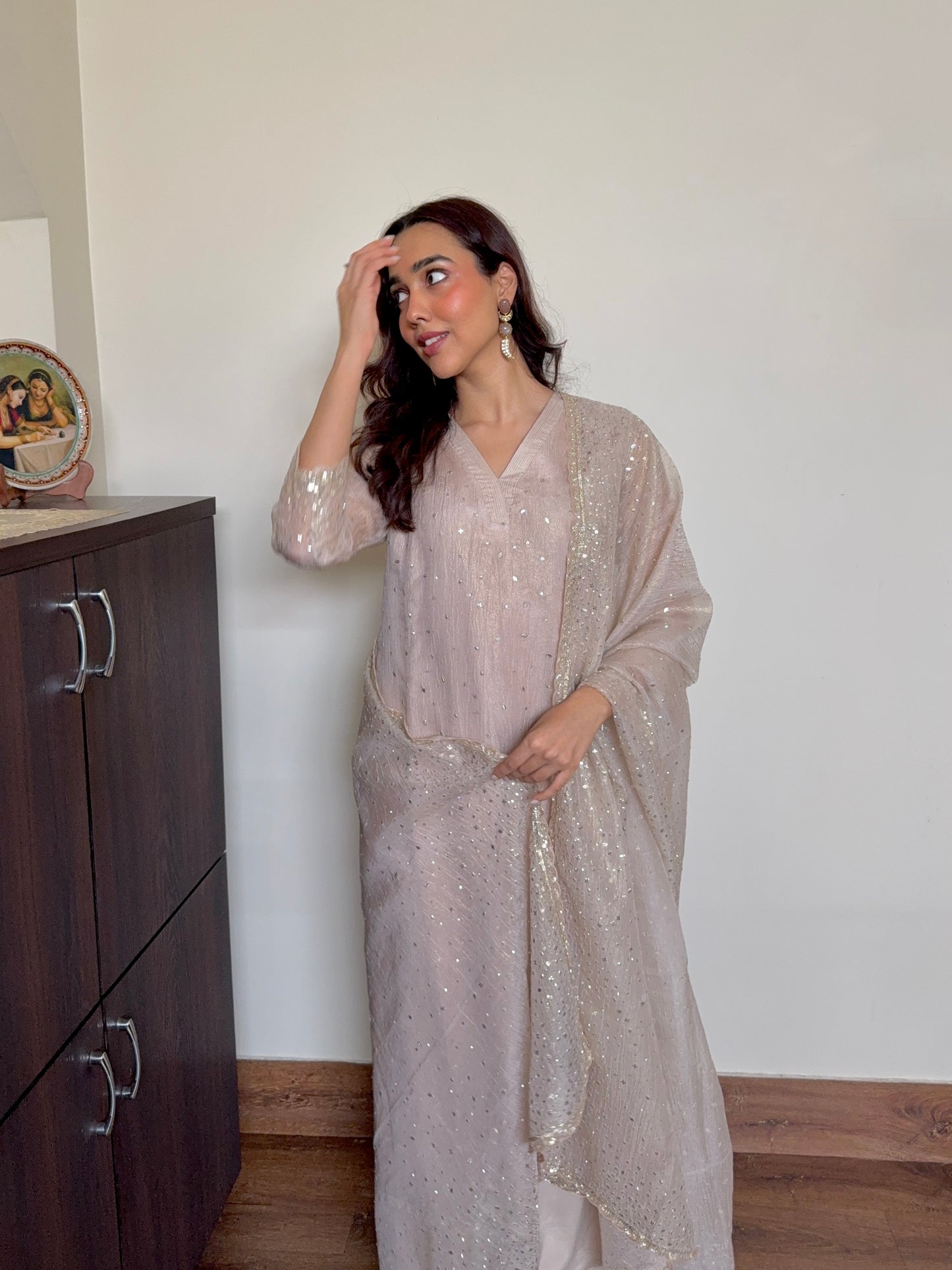 Beige Crushed Tissue Sequenced Suit Set