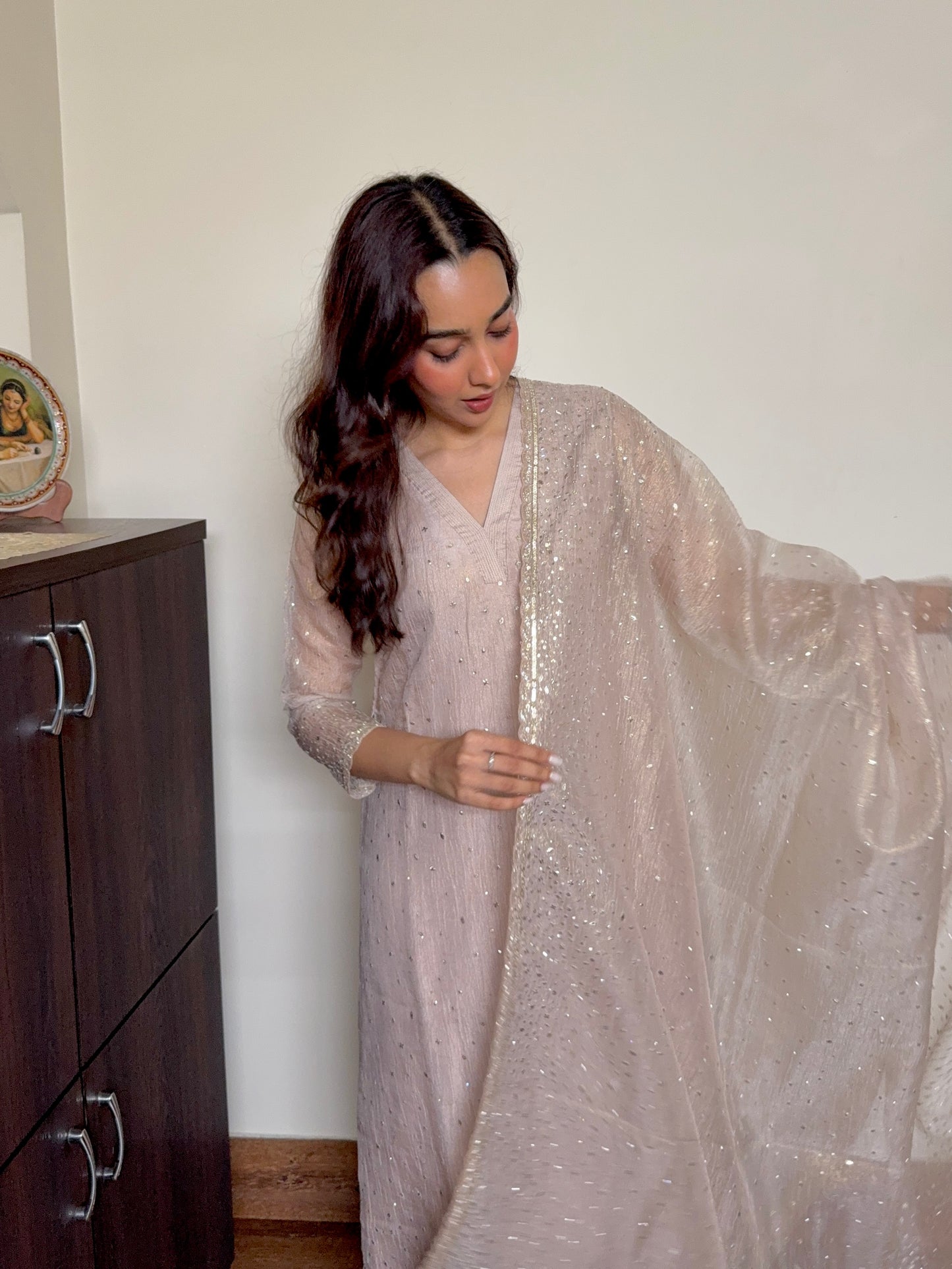 Beige Crushed Tissue Sequenced Suit Set