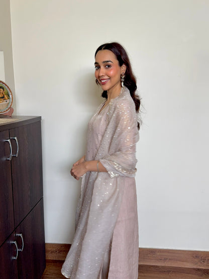 Beige Crushed Tissue Sequenced Suit Set