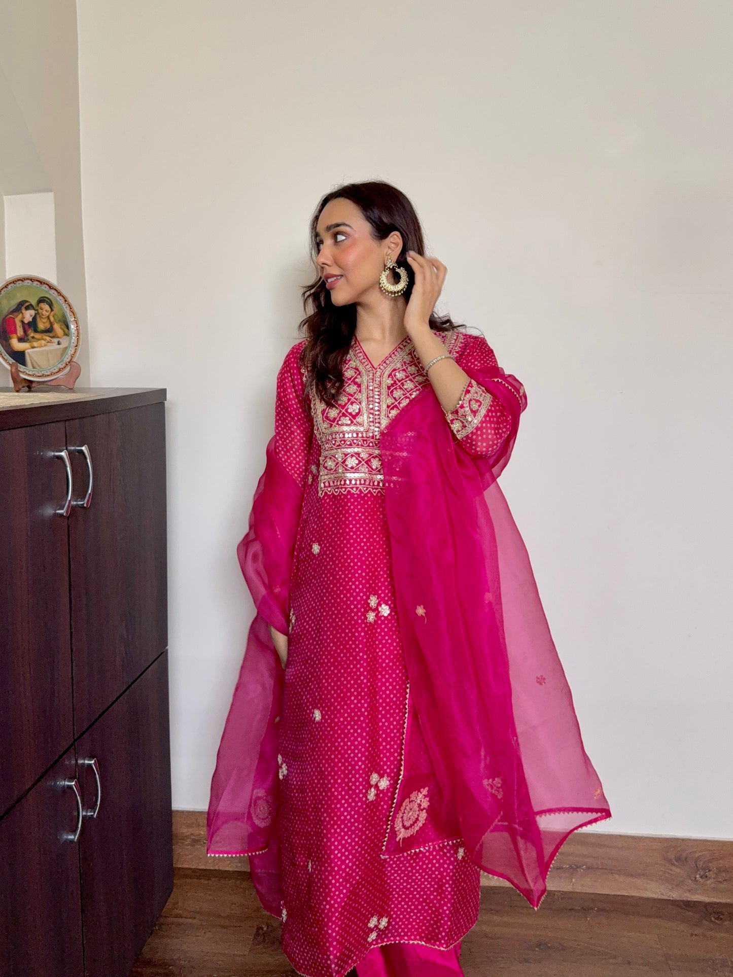 Red Organza Bandhej Print Kurta Set with Gota Dori Embroidery